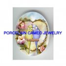 2 BABY PARAKEET BUDGIE BIRD ROSE HEART* UNSET CAMEO PORCELAIN CAB 18X25