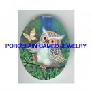 BABY OWL WITH HUMMINGBIRD * UNSET CAMEO PORCELAIN CABOCHON
