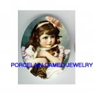 VICTORIAN PINK RIBBON GIRL CUDDLING KITTY CAT PORCELAIN CAMEO