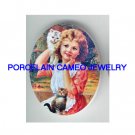VICTORIAN GIRL WITH 2 KITTY CAT* UNSET CAMEO PORCELAIN CAB