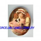 VICTORIAN GIRL CUDDLING PUPPY AND CAT * UNSET CAMEO PORCELAIN CAB