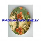 2 VICTORIAN KITTY CAT PLAY POPPY FLOWER * UNSET CAMEO PORCELAIN CAB