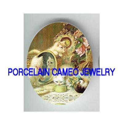 4 VICTORIAN KITTY CAT MIRROR MAKEUP * UNSET CAMEO PORCELAIN CAB