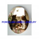 3 VICTORIAN KITTY CAT CHASING BUTTERFLY * UNSET CAMEO PORCELAIN CAB