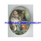 VICTORIAN KITTY CAT WITH GOLDFISH BOWL* UNSET CAMEO PORCELAIN CAB
