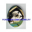 PLAYFUL SIAMESE CAT IN THE PAPER BAG* UNSET CAMEO PORCELAIN CAB