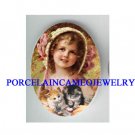 VICTORIAN CHERRY HAT GIRL HOLDING TWO KITTY CAT* UNSET CAMEO PORCELAIN CAB
