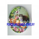 2 KITTY CAT CHASING BUTTERFLY PANSY * UNSET CAMEO PORCELAIN CAB