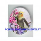 COCKATOO BIRD WITH AFRICAN VIOLET* UNSET CAMEO PORCELAIN CAB