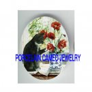 BLACK WHITE CAT PLAY POPPY FLOWER CAMEO PORCELAIN CAB