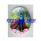 DANCING PEACOCK BIRD WITH ORCHID* UNSET CAMEO PORCELAIN CAB