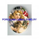 VICTORIAN CHERRY GIRL WITH 2 KITTY CAT * UNSET CAMEO PORCELAIN CAB