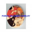 VICTORIAN GIRL FEEDING BLACK KITTY CAT * UNSET PORCELAIN CAMEO CAB