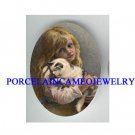 VICTORIAN GIRL HOLDING KITTY CAT * UNSET PORCELAIN CAMEO CAB
