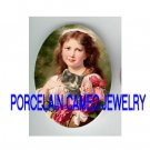 VICTORIAN GIRL HOLD KITTY CAT ROSE* UNSET PORCELAIN CAMEO CAB