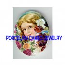 VICTORIAN GIRL KISS KITTY CAT ROSE* UNSET PORCELAIN CAMEO CAB