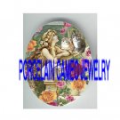 VICTORIAN MERMAID KITTY CAT PINK YELLOW ROSE* UNSET PORCELAIN CAMEO CAB