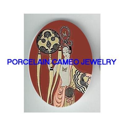 ART DECO NOUVEAU LADY WITH FAN * UNSET PORCELAIN CAMEO CAB