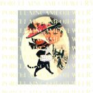 VICTORIAN AUDREY HEPBURN RED HAT KITTY CAT PORCELAIN CAMEO CAB