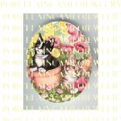 BLACK WHITE CAT ORANGE TABBY POPPY FLOWER* UNSET PORCELAIN CAMEO CAB