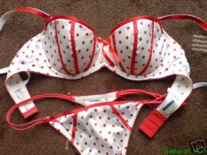 la senza 32b ivory with red satin trim padded bra thong set new but no tags