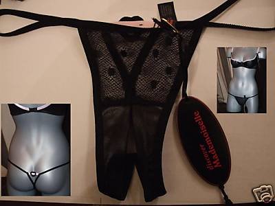 Discover Mademoiselle black Godiva open crotchless small thong new with original tags