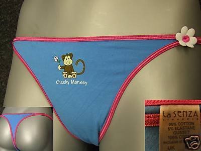 ex la senza blue cheeky monkey cotton thong size 10
