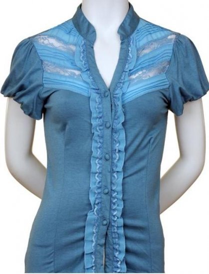 Large Size Light Blue Lace and Ruffle Top for Women