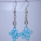 Aqua Blue Twisted Wire and Silver Tone Bead Drop Earrings Handcrafted Silver Tone LKJ