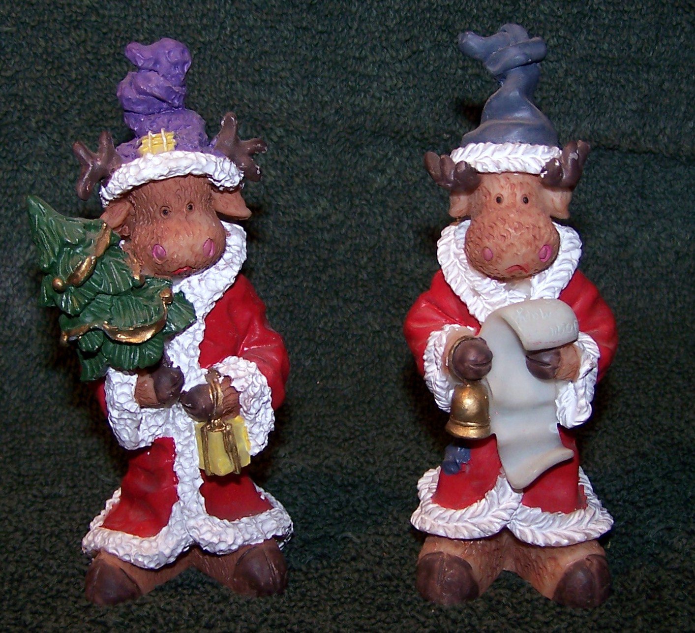 2 Christmas Moose Figurines Dressed as Santa 1 with Tree & 1 with