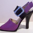 Miniature Shoe – Purple with Large Black Strap and Silver Buckle – Black Spike Heel