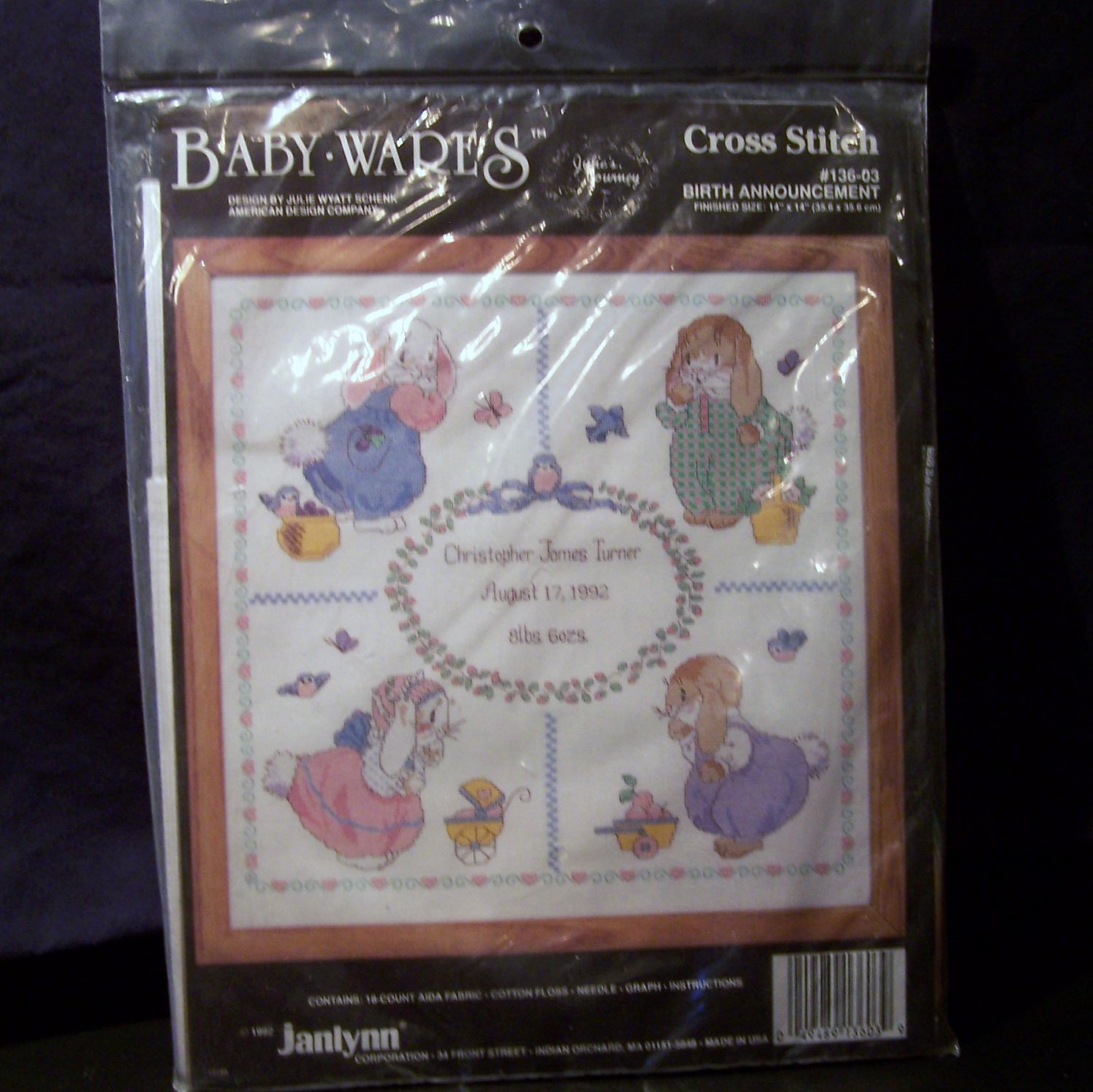 Cross Stitch Kit Baby Birth Announcement Bunny Rabbit Schenk Janlynn 13603