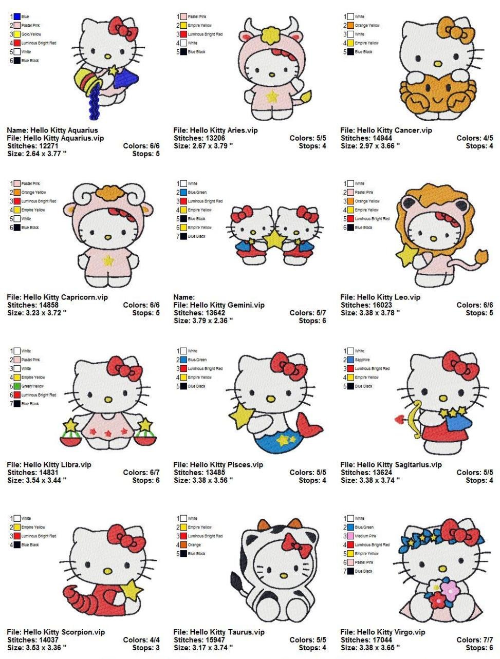  HELLO KITTY ZODIAC  12 EMBROIDERY DESIGNS INSTANT DOWNLOAD