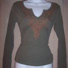 NWT AQUA olive green v-neck Boho l/s long sleeve fitted shirt S