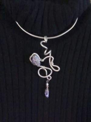 Single, Semi-Precious Lepidolite Tumble Polished Stone and Wire Necklace ~ Design 6