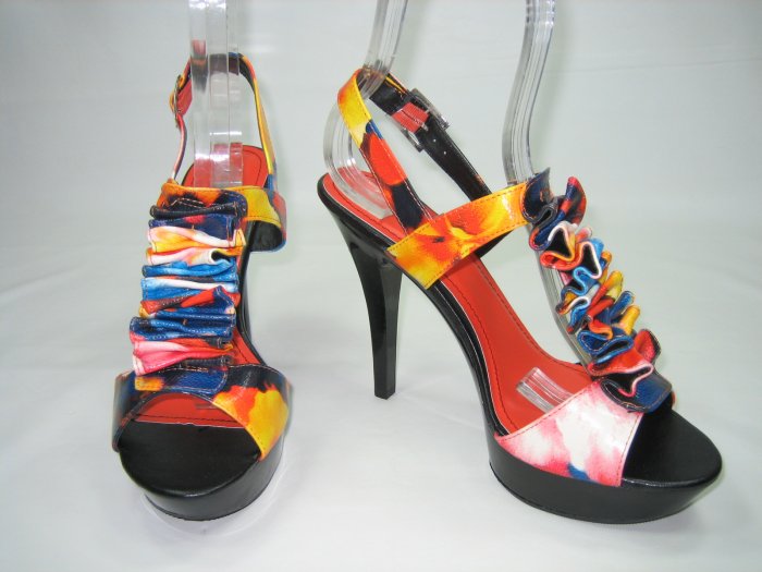 Multi color strappy platform sandals high heels shoes black size 10