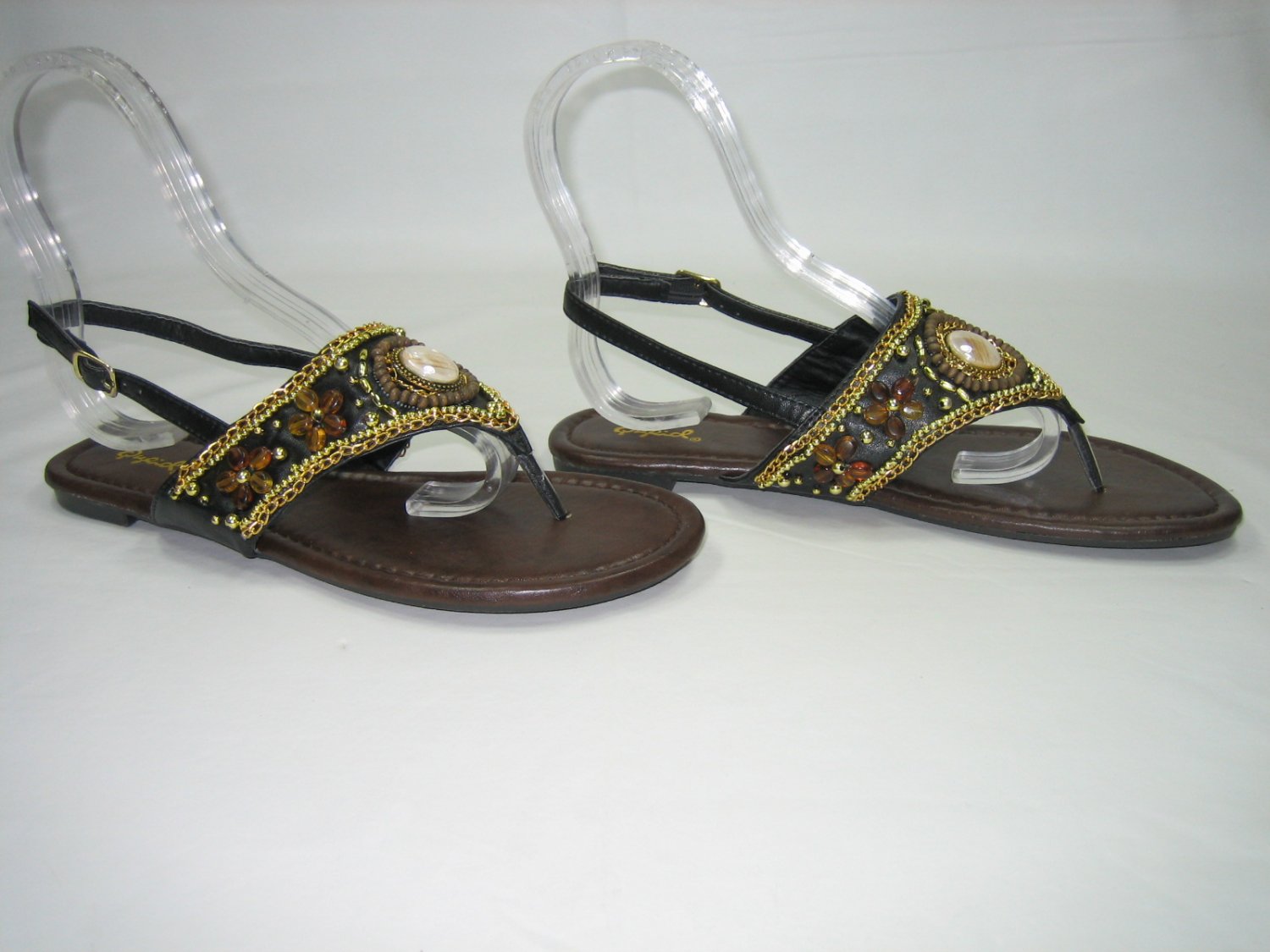 Bejeweled decorated sandals flats thongs slingbacks black size 6.5