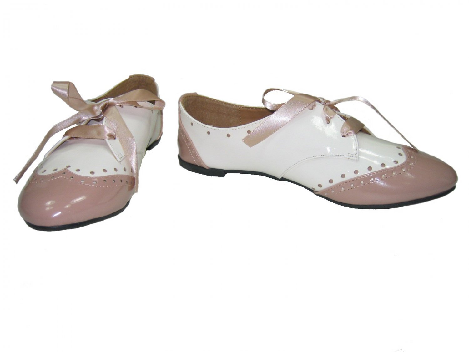 Ballerina ribbon laces oxford wing tip women's flats blush/white faux