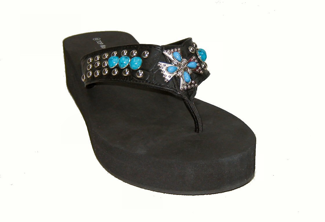 Decorated lightweight platform EVA foam flip flops thong beach sandals black size 8