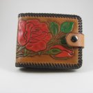 Ladies Deluxe Wallet, Chestnut Tan, Black Lacing, Handtooled Leather, Red Rose W0010