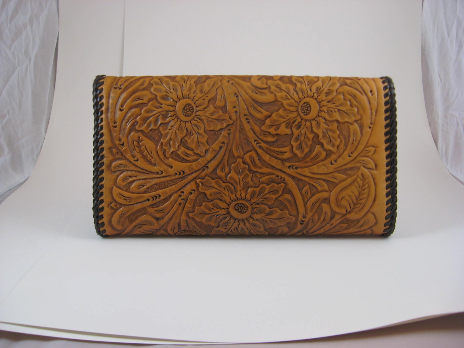 Phoenix Clutch Purse, Chestnut Tan, Brown Lacing, Handtooled Leather