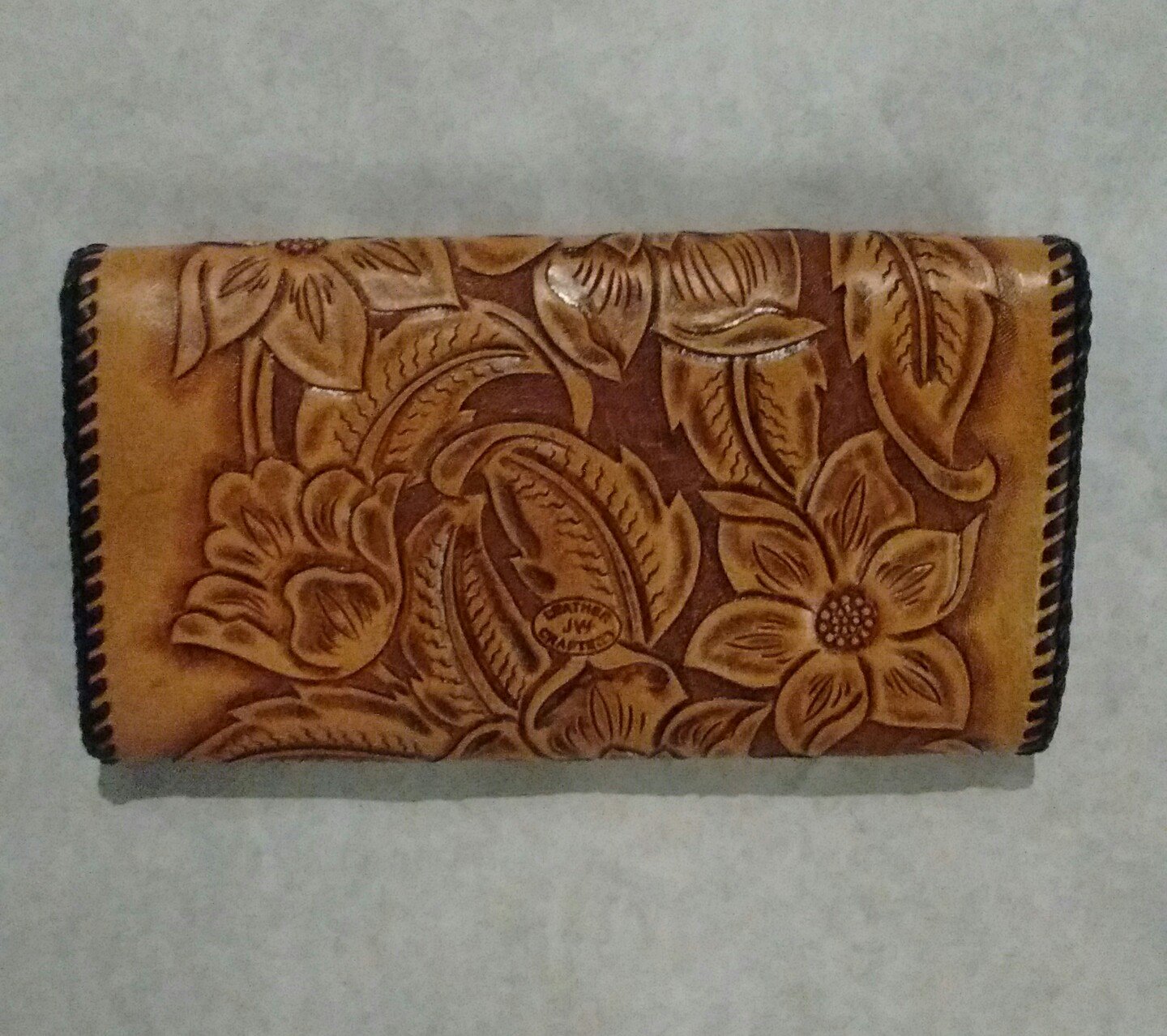 Phoenix Clutch Purse, Chestnut Tan, Black Lacing, Handtooled Leather