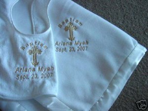 Personalized Baptism/Christening Blanket Satin Trim Bib set