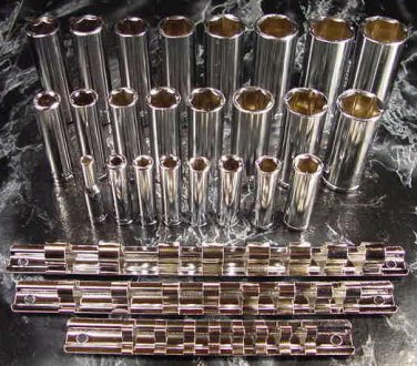 27pc SAE DEEP SOCKET SET TOOL 1/4" 3/8" and 1/2" Drive Ratchet with case