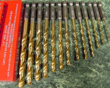 13pc TITANIUM HEX SHANK HSS DRILL BIT SET New Screw gun