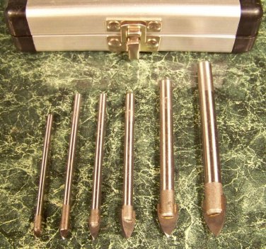 6pc. GLASS CUTTING DRILL BIT SET CARBIDE TIP new w/case
