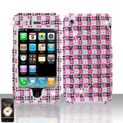 Pink Black Squares Full Diamond Cover Case Hard Snap on Protector for Apple iPhone 3G 3GS