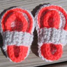 Crochet Baby Sandals Flip Flops Strap Neon Orange and Light Gray 4 Inch.