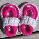 Crochet Baby Sandals Flip Flops Strap Neon Fuschia and Light Gray 4 Inch.