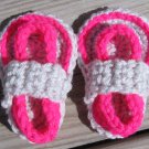 Crochet Baby Sandals Flip Flops Strap Neon Pink and Light Gray 4 Inch.